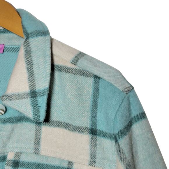 Mi ami Francesca Cropped Plaid Shacket Blue Cream Fall Winter Layering Jacket L - Picture 4 of 15